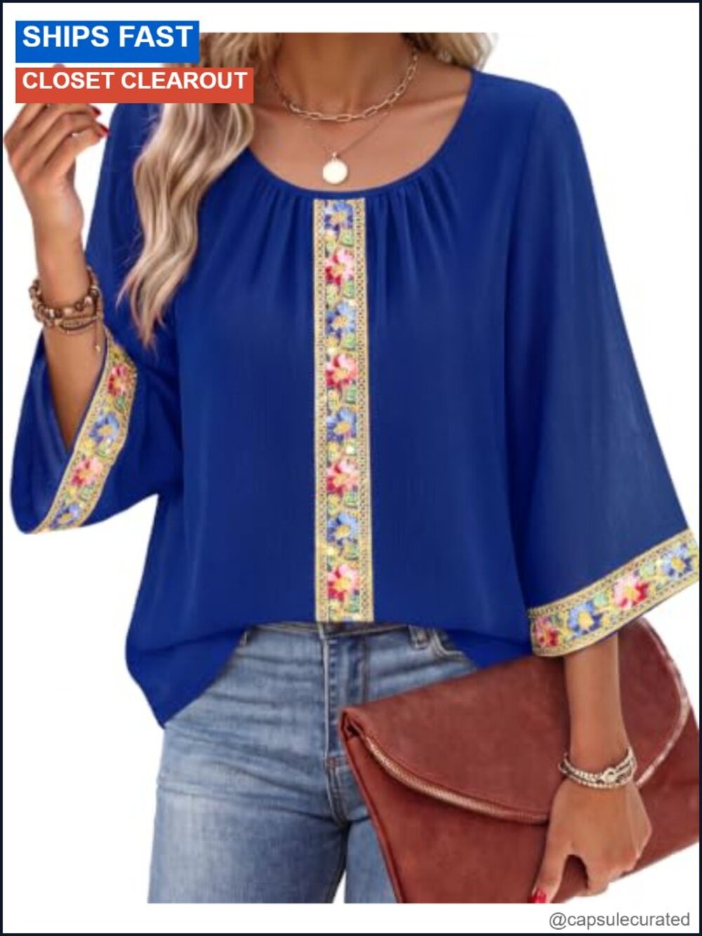 Embroidered 3/4 Bell Sleeve Chiffon Blouse
